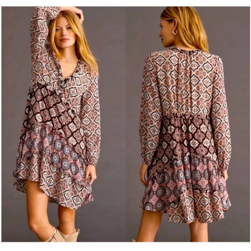 Anthropologie Small Tiered V Neck Bohemian Boho Mini Dress Cowgirl Cottagecore
